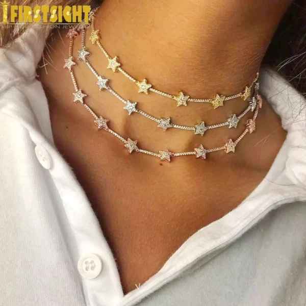 Iced Out Star Bar Link Chain CZ Choker Necklace - Image 5