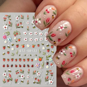 5D Embossed Ladybug & Daisy Nail Stickers – 4 Sheets