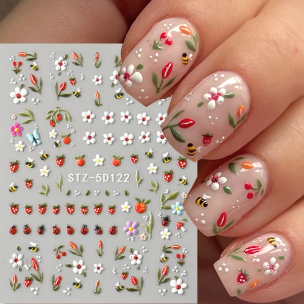 5D Embossed Ladybug & Daisy Nail Stickers – 4 Sheets