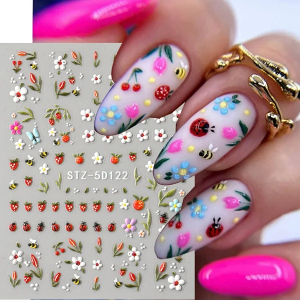 5D Embossed Ladybug & Daisy Nail Stickers – 4 Sheets - Image 5