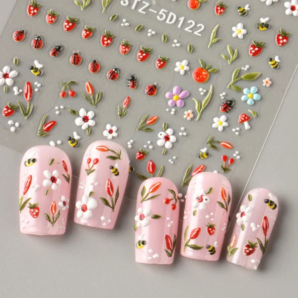 5D Embossed Ladybug & Daisy Nail Stickers – 4 Sheets - Image 8