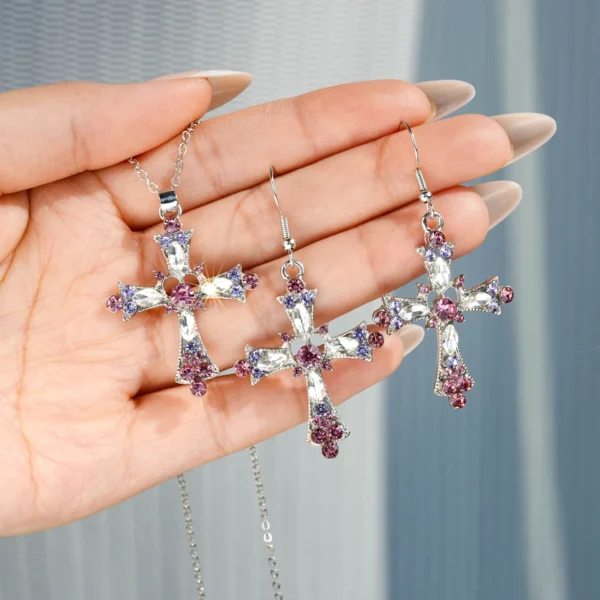 Kiss Jewelry Pink Rhinestone Cross Necklace & Earrings - Image 4