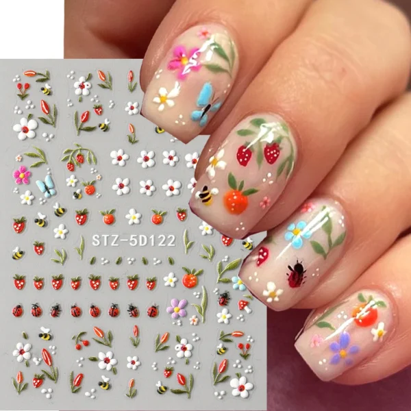 5D Embossed Ladybug & Daisy Nail Stickers – 4 Sheets - Image 3