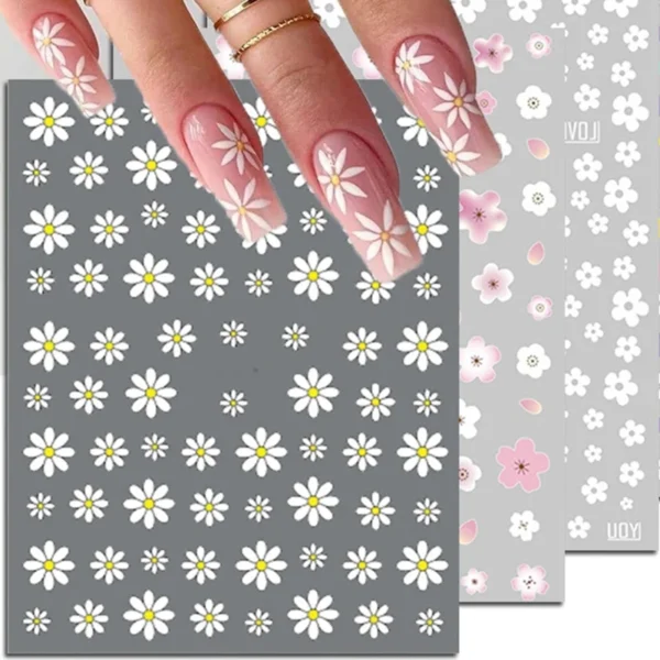3D Nail Art Stickers White Daisy Floral & Fruit Decals