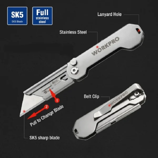 WORKPRO Folding Pocket Utility Knife – Stainless Steel, Quick Change - Image 5