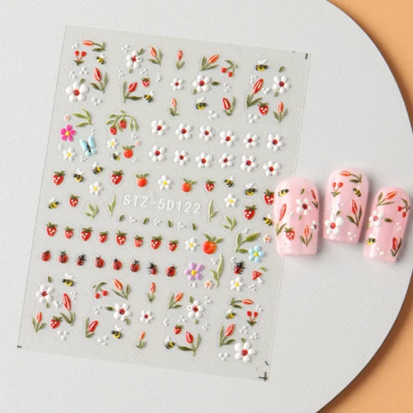 5D Embossed Ladybug & Daisy Nail Stickers – 4 Sheets - Image 10