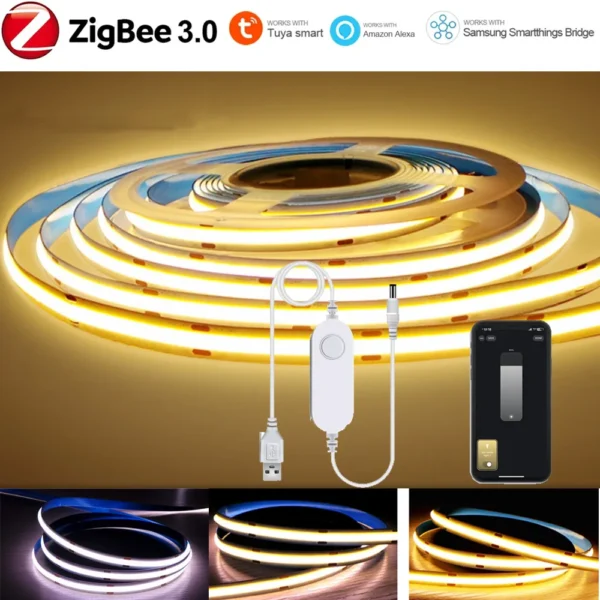 5V USB Tuya Zigbee COB LED Strip Light, Dimmable 1–5m - Image 2