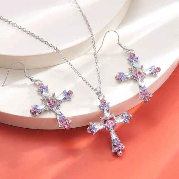 Kiss Jewelry Pink Rhinestone Cross Necklace & Earrings - Image 5