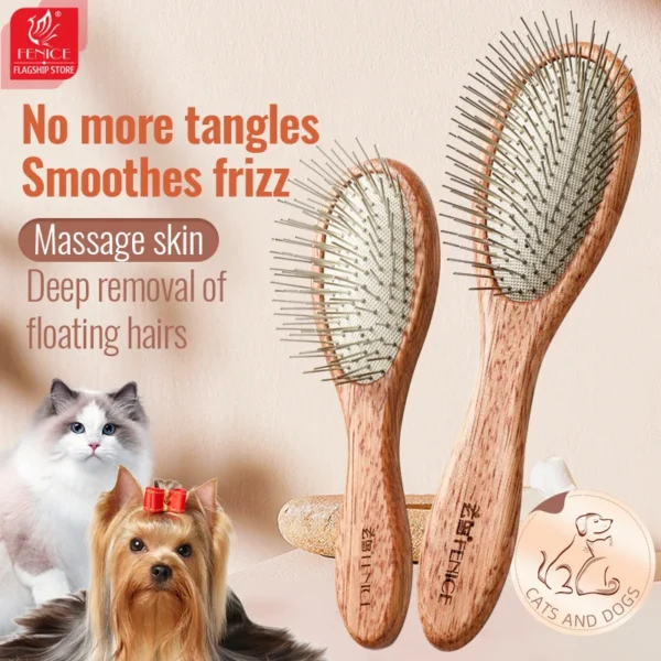 Fenice Solid Wood Pet Comb – Cat & Dog Hair Remover Brush - Image 2
