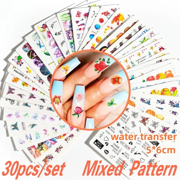 30 Sheets 3D Nail Stickers Flowers & Butterfly Designs - Image 35