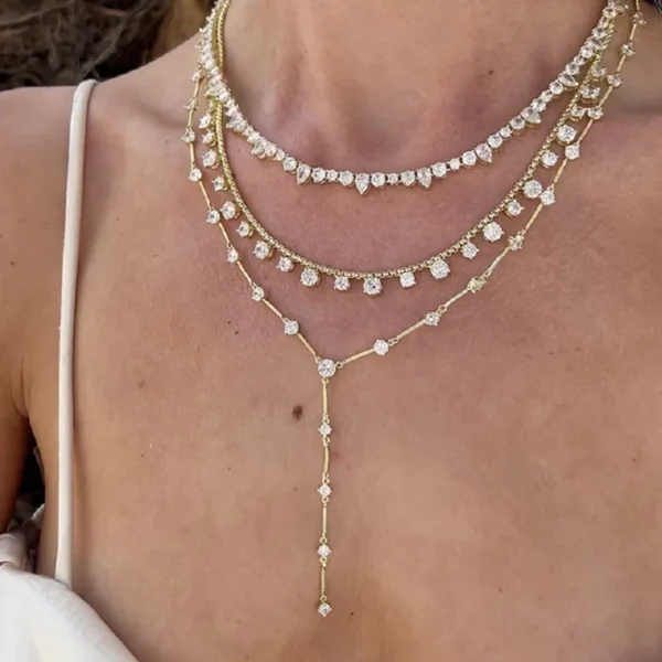 Geometric CZ Lariat Link Chain Choker Necklace Women - Image 6