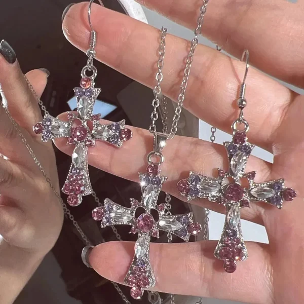 Kiss Jewelry Pink Rhinestone Cross Necklace & Earrings - Image 2