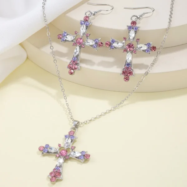 Kiss Jewelry Pink Rhinestone Cross Necklace & Earrings - Image 7