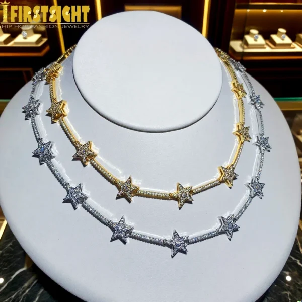 Iced Out Star Bar Link Chain CZ Choker Necklace - Image 6