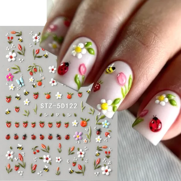 5D Embossed Ladybug & Daisy Nail Stickers – 4 Sheets - Image 2