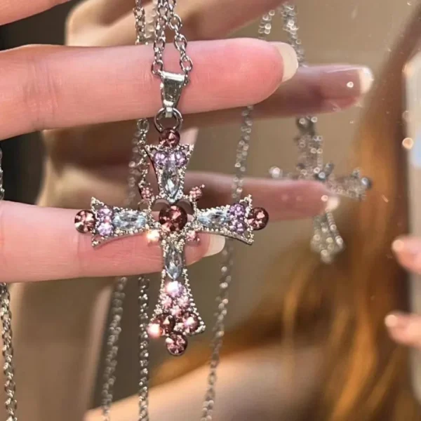 Kiss Jewelry Pink Rhinestone Cross Necklace & Earrings - Image 9