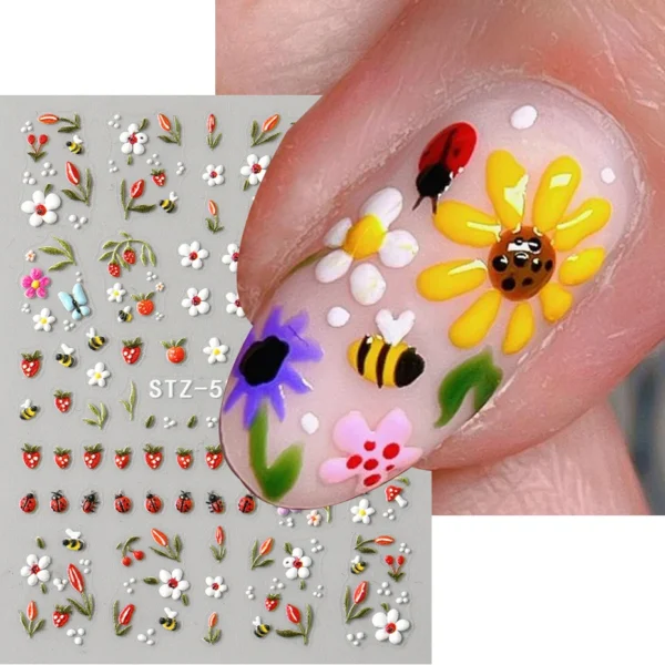 5D Embossed Ladybug & Daisy Nail Stickers – 4 Sheets - Image 6