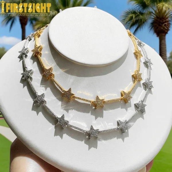 Iced Out Star Bar Link Chain CZ Choker Necklace - Image 2