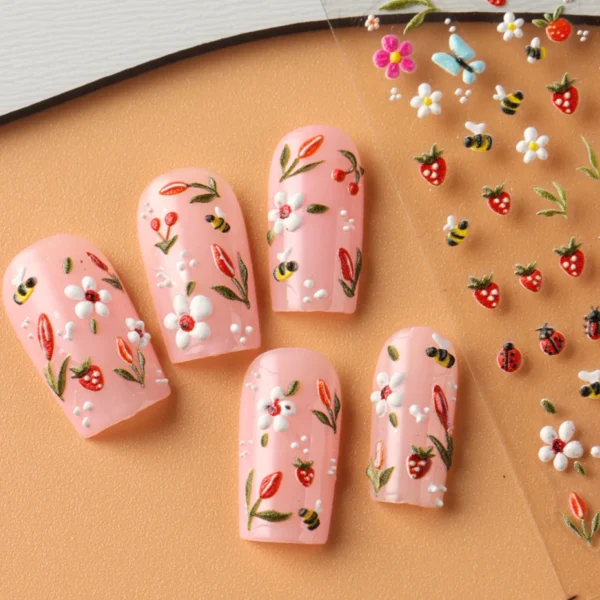 5D Embossed Ladybug & Daisy Nail Stickers – 4 Sheets - Image 9