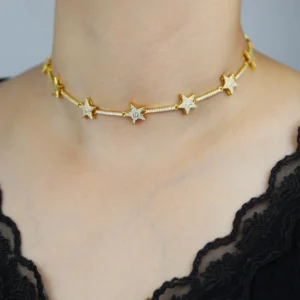 Iced Out Star Bar Link Chain CZ Choker Necklace