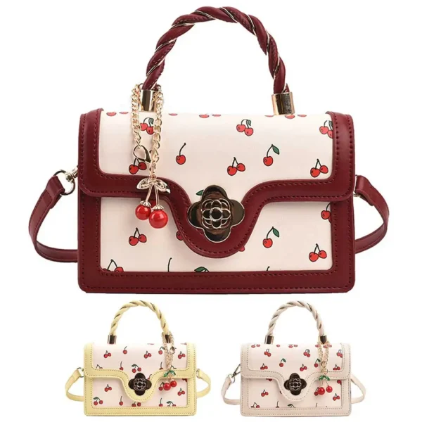 Women’s Cherry Square PU Leather Chain Tote Handbag - Image 4
