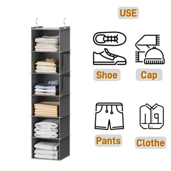 Foldable 6-Shelf Hanging Closet Organizer with Hooks - Image 2