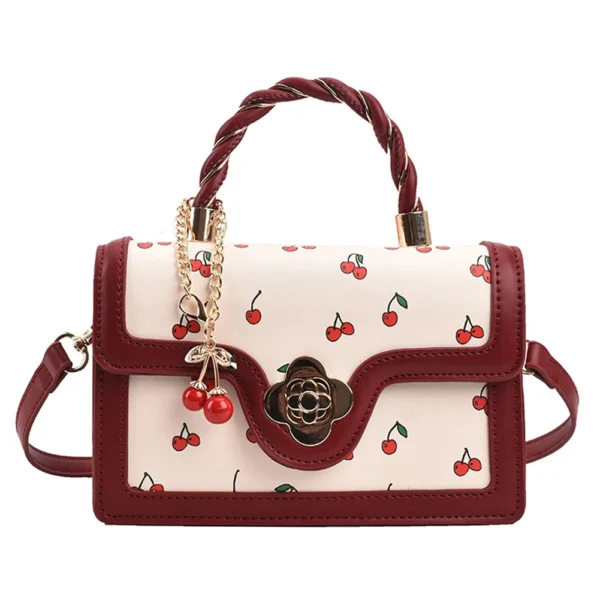 Women’s Cherry Square PU Leather Chain Tote Handbag - Image 3
