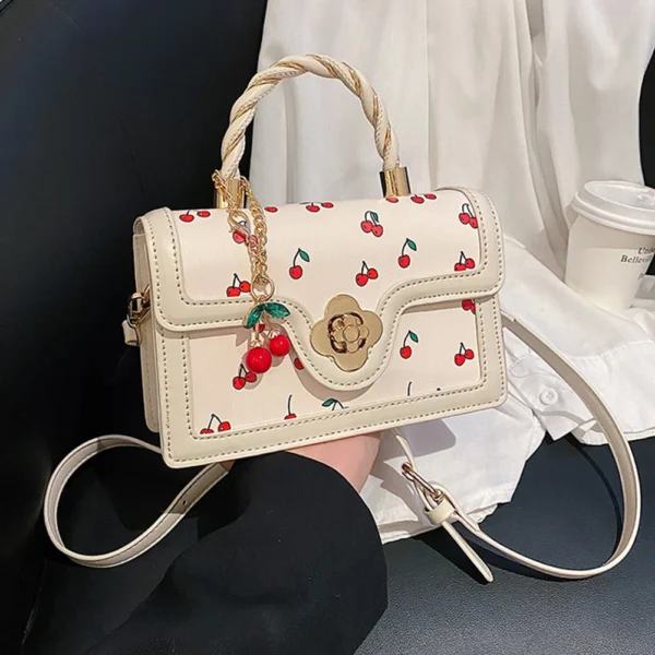 Women’s Cherry Square PU Leather Chain Tote Handbag - Image 7