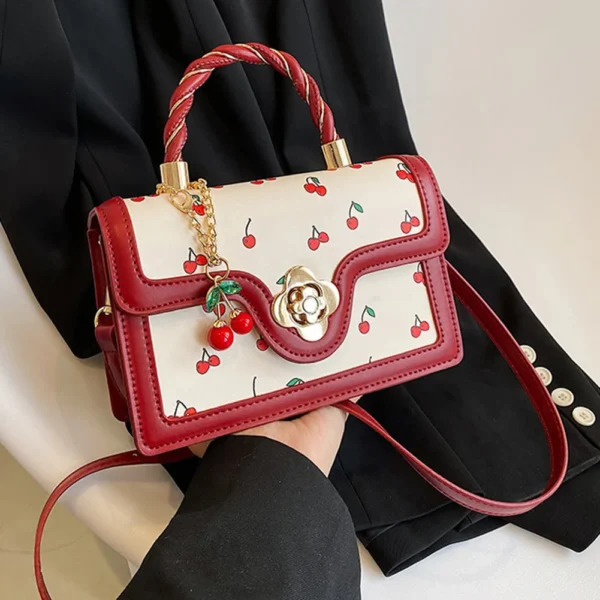 Women’s Cherry Square PU Leather Chain Tote Handbag - Image 6