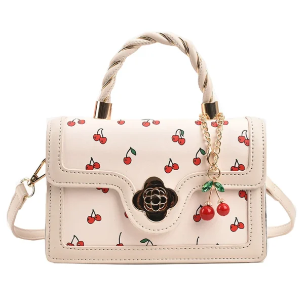 Women’s Cherry Square PU Leather Chain Tote Handbag - Image 2