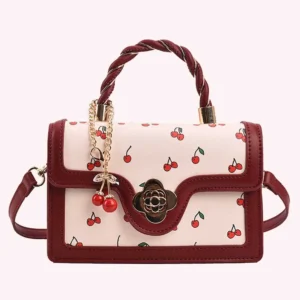 Women’s Cherry Square PU Leather Chain Tote Handbag
