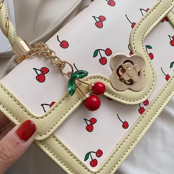 Women’s Cherry Square PU Leather Chain Tote Handbag - Image 5